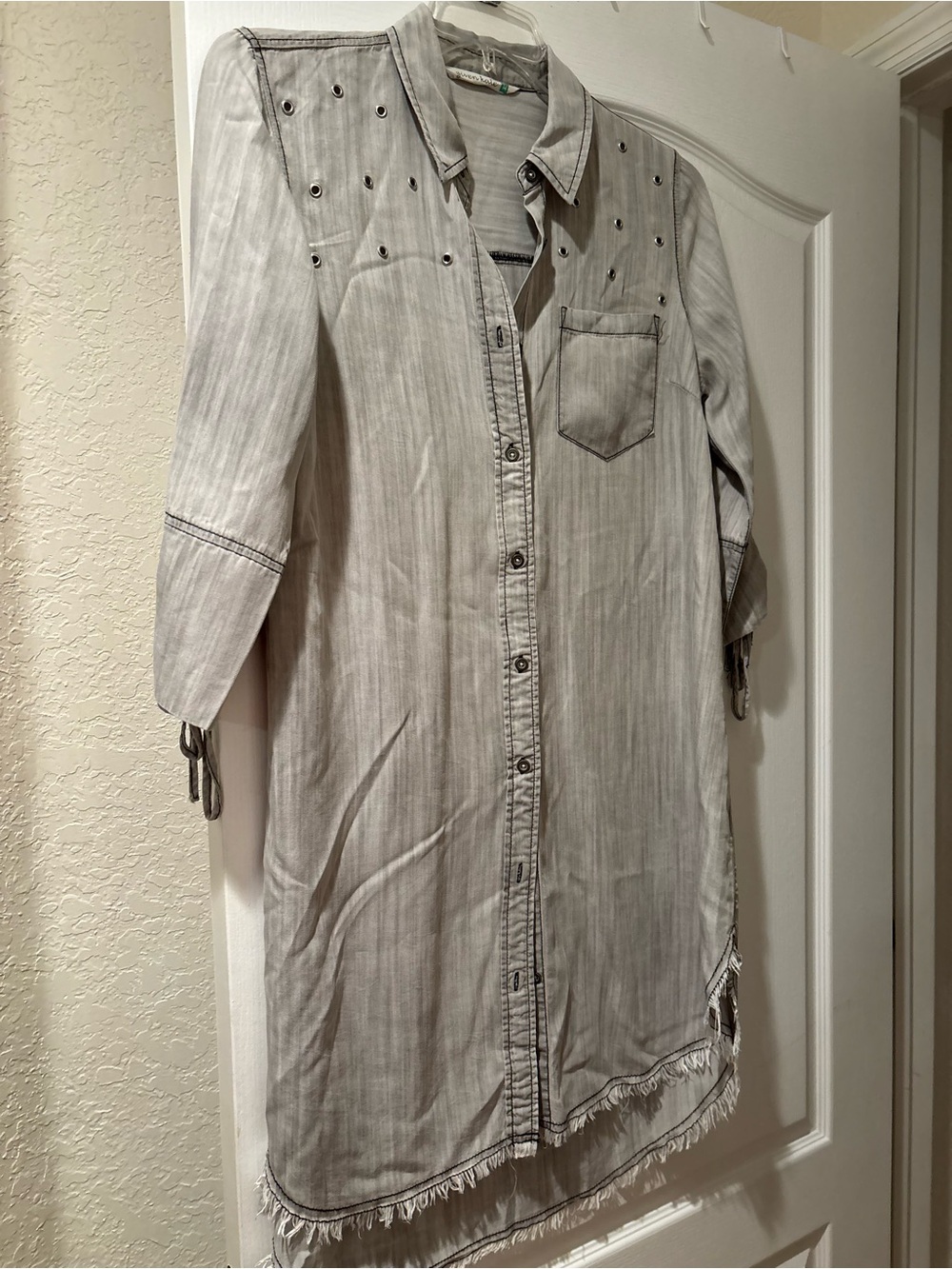 Studded Button-Front Light Gray Shirt Dress